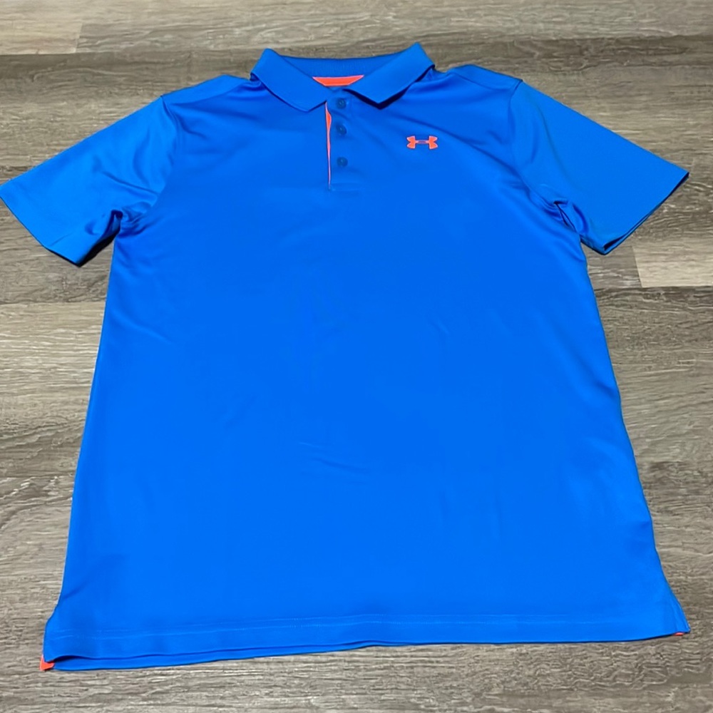 🆕 Under Armour Youth Polo in Sky Blue with Orange trim, Size XL
